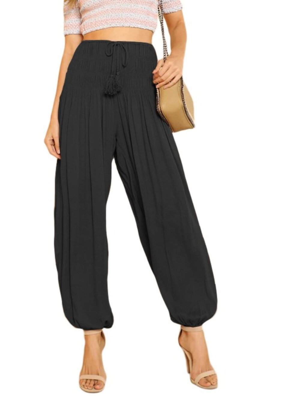 Black Smocked High Waist Pants